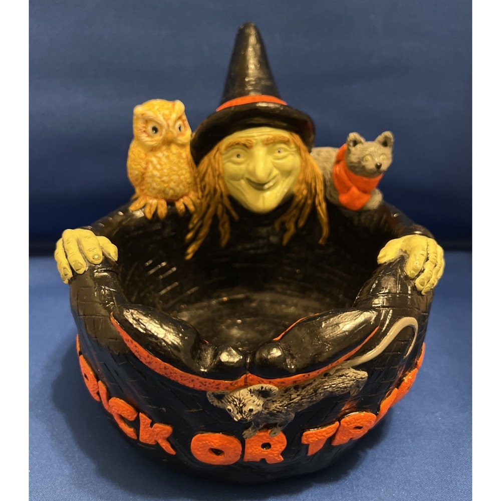 Vtg '85Accents Unltd Halloween Trick Or Treat Witch Owl Cat Chalkware Candy Bowl